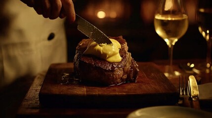 Chef Slicing Thick Porterhouse Steak with Melting Butter on Board