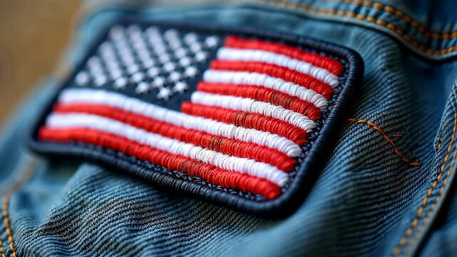 Close-up of an embroidered American flag patch on denim fabric showcasing craftsmanship and texture