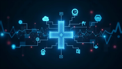 Digital Health Interface: Holographic Cross & Health Icons Concept