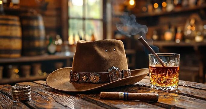 Cowboy hat, whiskey, cigar, saloon, wooden bar, background