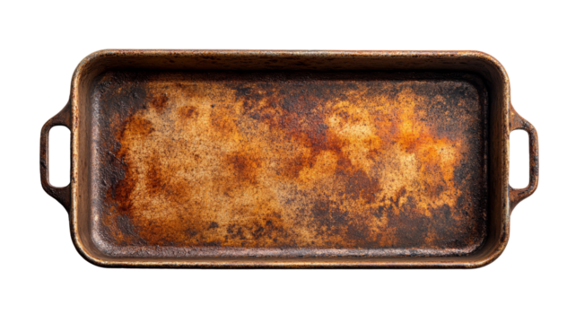 Well-seasoned cast iron baking pan.  Rich, dark brown tones show years of use.