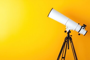 White telescope on yellow background, exploring space, discovery concept