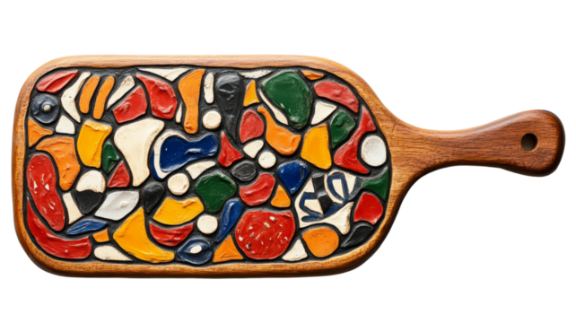 Vibrant, abstract artwork adorns this unique wooden serving board.  A splash of color for any kitchen.