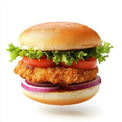 Flying chicken burger, isolated on a white background, creating a fun and dynamic scene.