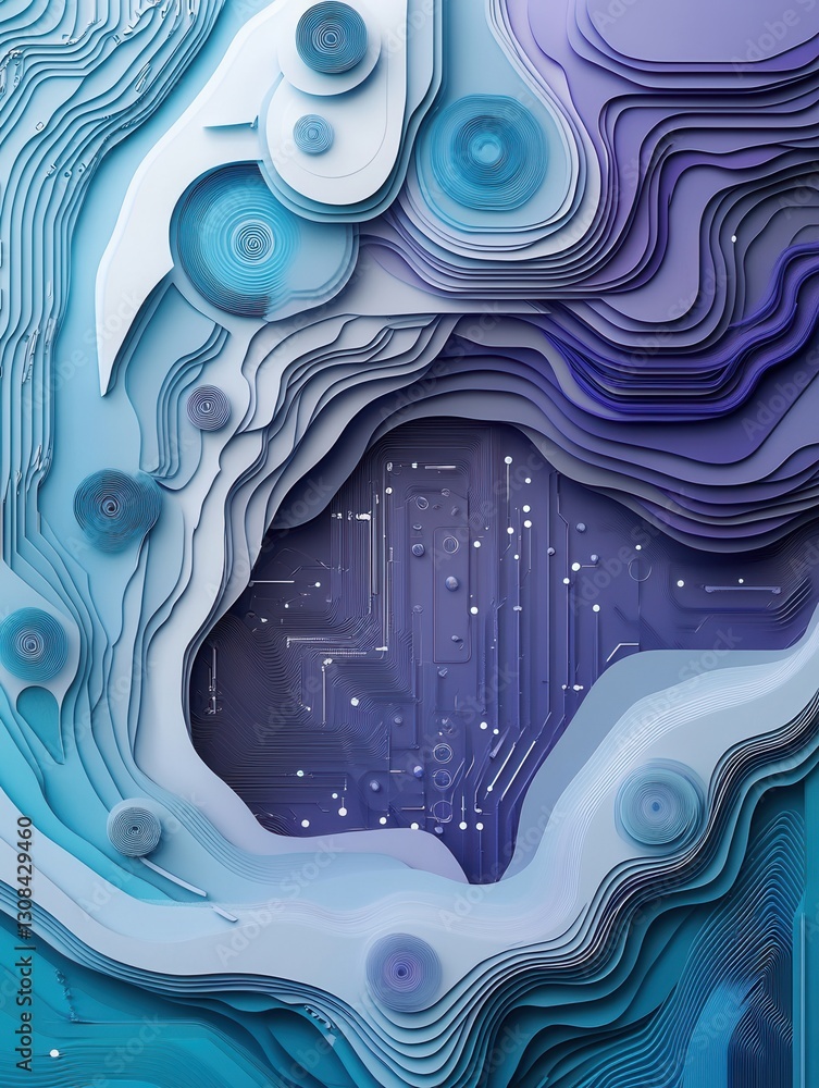 Poster futuristic paper art background with layered cut outs representing digital circuits and data flows i
