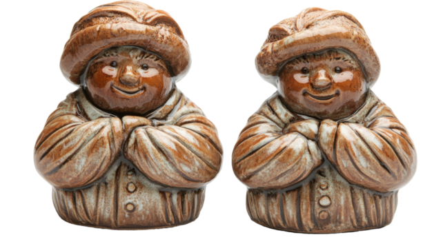 Pair of charming ceramic figurines, each depicting a jovial, chubby-faced man in a warm hat and coat, hands clasped in front. Brown and beige tones create a rustic feel.
