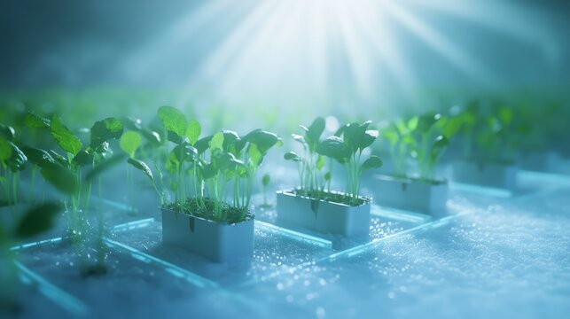 Macro view of microgreens emerging from white growing medium, customized spectrum LED panels casting otherworldly glow, perfect grid arrangement of seedling trays, misty atmosphere with dramatic