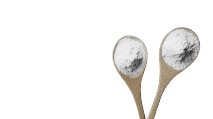 Two wooden spoons filled with white powder, set against a black background.  A clean and simple image perfect for baking or culinary themes.