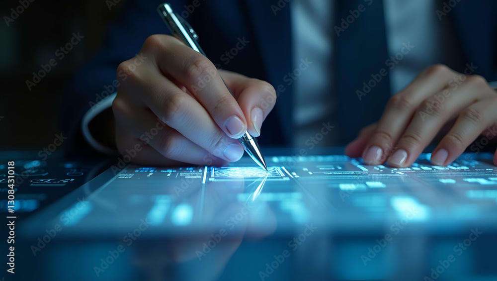 Poster holographic pen signing digital document: secure digital signatures & authentication concept in busi