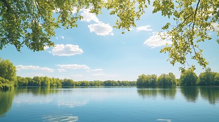 Serene Lake Landscape with Lush Green Trees under a Sunny Sky