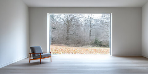 Fototapeta premium Cozy chair in a minimalist room with a large window overlooking a tranquil forest landscape