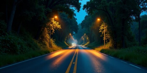 Fototapeta premium Nighttime Drive Through a Serene, Tree-Lined Road Illuminated by Soft Lamplight