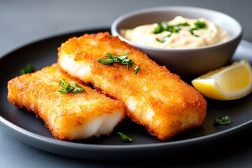 Breaded fried fish fillets served with dipping sauce and lemon