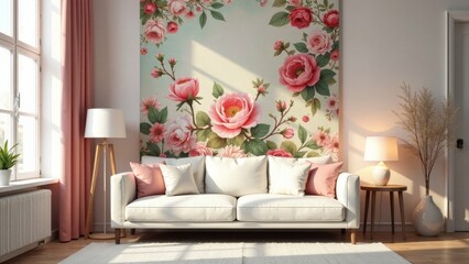 A Serene Living Room with a Delicate Floral Wall Mural and Comfortable White Sofa