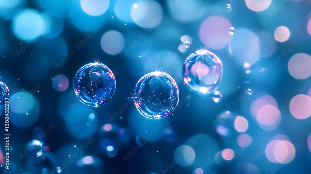 Poster several soap bubbles float amidst blurred colorful bokeh lights