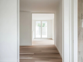 Fototapeta premium Empty modern interior with wooden floors and large windows showcasing natural light