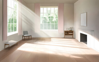 Fototapeta premium Bright and airy empty room with large windows and gentle sunlight filtering through