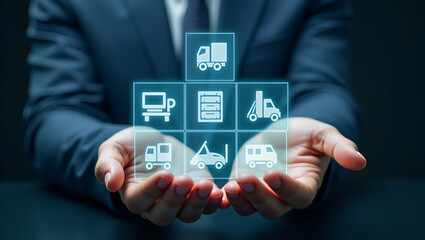 Flat Hands Arranging Holographic Cubes with Delivery, Inventory, and Shipping Icons: A Cute Vector Illustration of Supply Chain Management in Logistics