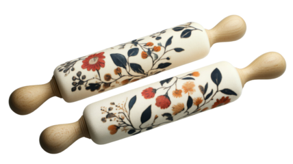 Two elegant rolling pins with a cream base and autumnal floral print. Perfect for baking enthusiasts!