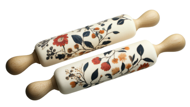 Two elegant rolling pins with a cream base and autumnal floral print. Perfect for baking enthusiasts!