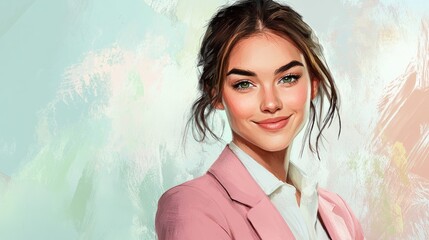 Fototapeta premium A digital painting of a smiling young woman with green eyes, wearing a pink blazer and white shirt.