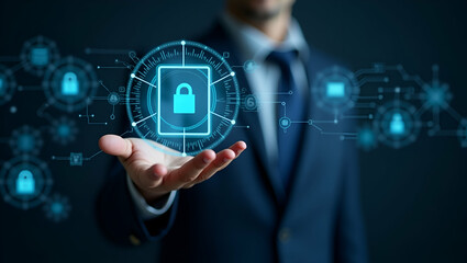 Flat Zero trust security depicted by a hand interacting with holographic icons representing secure access and verification protocols. concept as Illustration of a hand engaging with holographic icons 