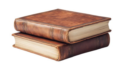 Two antique leather-bound books rest on top of each other, showcasing their aged beauty and intricate detailing.