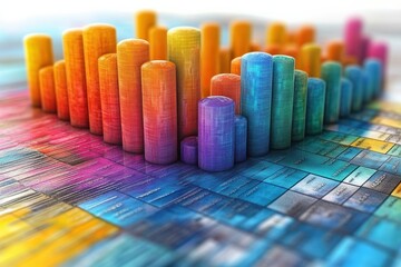 Vibrant abstract visualization featuring colorful bars and geometric patterns, representing data analysis, creativity, and modern digital design.
