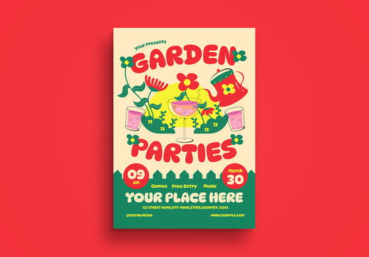 Cream Quirky Illustration Garden Parties Flyer Layout