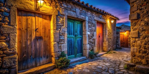 Fototapeta premium Dusk Village Scene: Weathered Wooden Doors, Rustic Stone Building, Night Photography