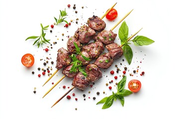 Spicy Chinese lamb skewers isolated on white background 