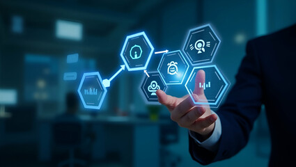 Hexagonal workflow map hand interacting with hexagonal holographic icons linked in a process diagram in a digital workspace. concept as Hand interacting with hexagonal holographic icons connected in a