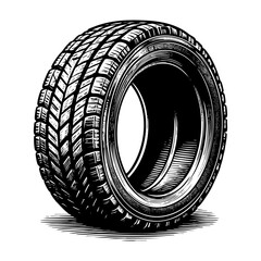 Car tire sketch engraving black and white outline. Scratch board imitation.
