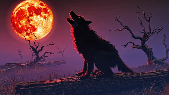 A wolf is sitting on a log in front of a full moon. The moon is red and the sky is dark. Scene is eerie and mysterious