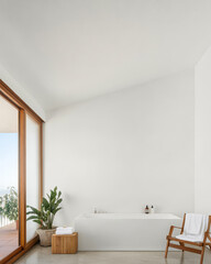 Elegant minimalist bathroom design with large windows and serene atmosphere