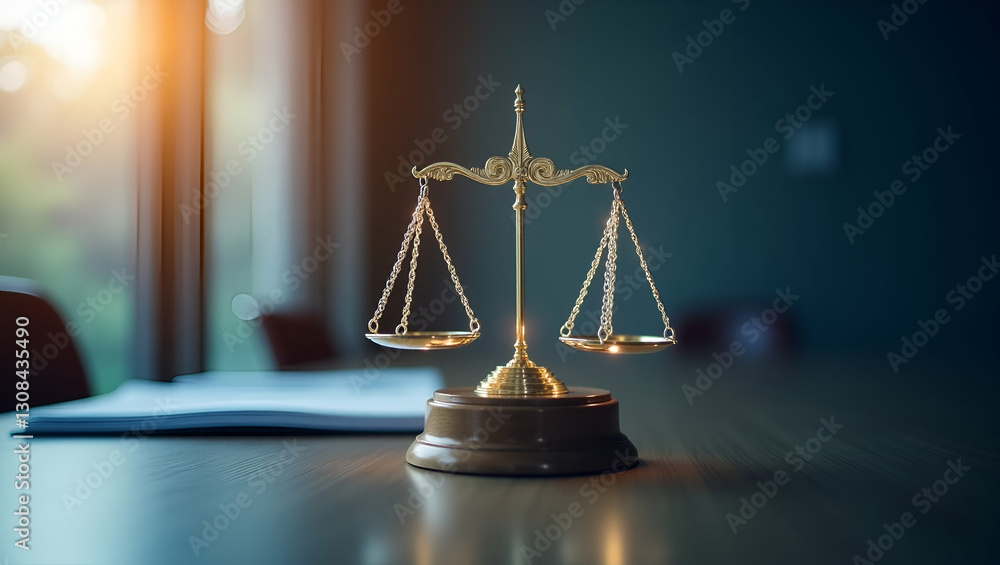 Aufkleber holographic scales of justice and regulatory icons floating above a desk concept as holographic just
