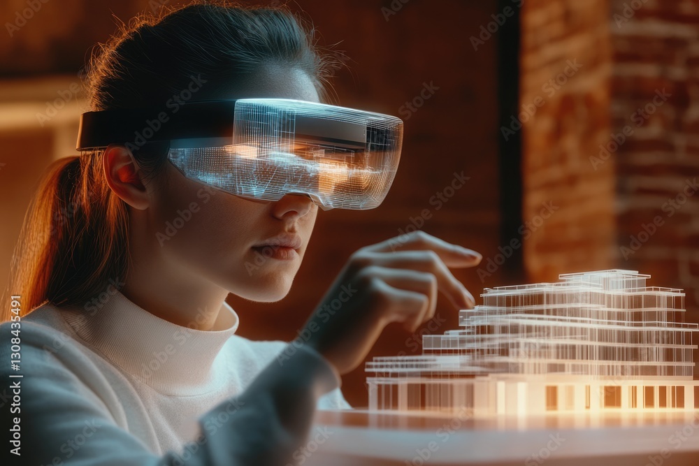 Poster woman using ar glasses to design a building, visualizing a 3d model in virtual reality.