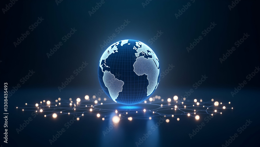 Poster visualizing global connectivity: a holographic globe surrounded by network symbols in a cute vector 