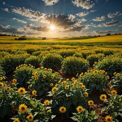 Obraz premium field of sunflowers and sunset