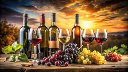 Obraz premium Elegant Wine Bottles & Glasses: Still Life Photography, Wine Collection, Red Wine, White Wine, Wine Tasting