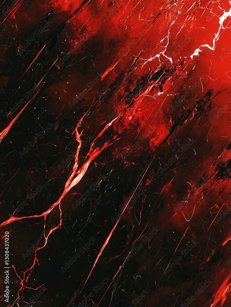 Poster explosive display of chaotic energy in red and black tones with sharp lightning strikes enhances the