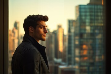 Fototapeta premium A young man in a jacket looks out a window at a cityscape during sunset.