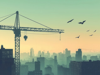 crane lifting metal trusses in city skyline at sunset, with birds flying
