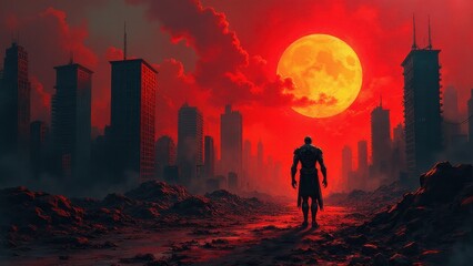 Fototapeta premium Dystopian & Dark Sci-Fi, A cyborg prophet emerges from the neon ruins of a crumbling city under an eternal eclipse glowing with defiant hope