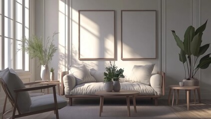 Naklejka premium Minimalist living room with two blank frames, a light beige couch, and wooden accents. Sunlight streams into the room.