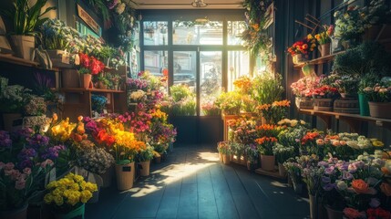 A vibrant flower shop filled with colorful arrangements and sunlight streaming through the windows.
