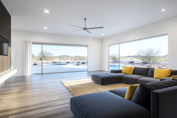 Fototapeta premium Modern living room with panoramic desert views and minimalist decor at sunset