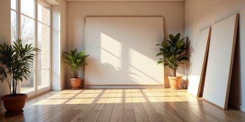 Sunlit Room with Blank Canvases and Potted Plants Ready for Interior Design Inspiration