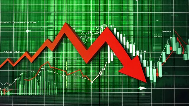 Financial Downturn: A red arrow graphically depicts the sharp decline of a financial market, set against a green background