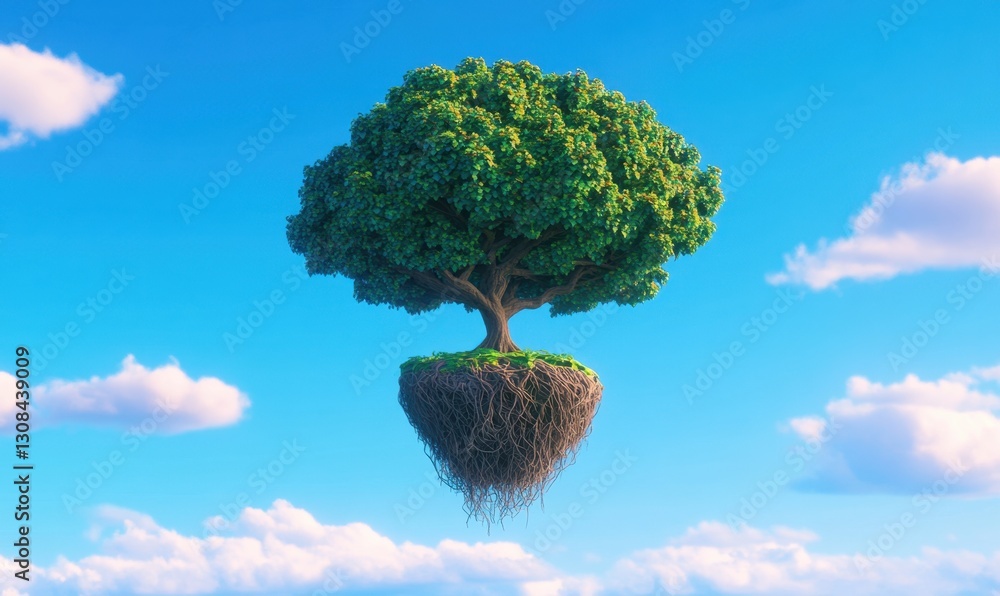 Poster floating island tree with roots in cloudy sky, ideal for environmental concepts